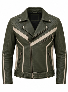 Chaqueta de cuero verde oliva para hombre con cierre de cremallera y bloques de color - Product Image 5
