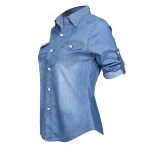 Camisas de Mezclilla con Botones OEM Blusa Casual de Manga Corta de Alta Calidad Fibra de Bambú y Algodón Transpirable Cuello Redondo Primavera Verano para Mujer Corte Ajustado - Product Image 3