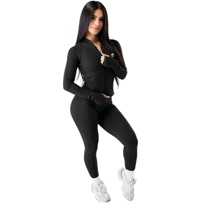 Sweat-shirt à capuche zippé pour femme, noir, manches longues, coupe ajustée, léger, pour yoga, sport et entraînement - Product Image 3