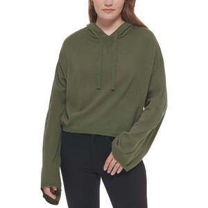 Top Crop da Donna Calvin Klein con Cappuccio e Maniche a Campana, Taglia XL, in Seta Verde Lavorata a Maglia con Ricami in Stile Hip Hop - Product Image 1