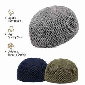 Bonnet de prière Kufi gris en tricot respirant pour hommes – Bonnet léger en maille ouverte, chapeau musulman polyvalent pour usage quotidien - Product Image 3