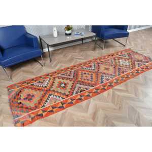 Tapis Kilim turc 2,9 x 9,4 pieds, tapis vintage, tapis en laine patchwork orange - Product Image 2