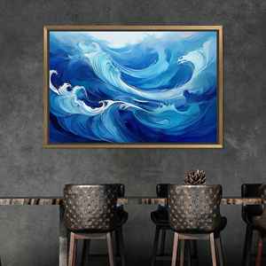 Impression sur toile de vagues océaniques abstraites : paysage marin aux traits de pinceau bleus, toile encadrée dorée - Product Image 1