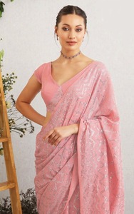 Latest Indian Designer Pink Color Georgette <b>Saree</b> with Embroidery Sequence & <b>Blouse</b> for Women Wedding Wear - Product Image 3