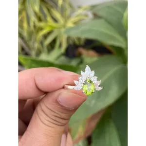 925 Silver Natural Peridot <b>Ring</b> with Oval Cut Gemstone Geometric Pattern Rhodium Plated Everyday Wear <b>Rings</b> - Product Image 2
