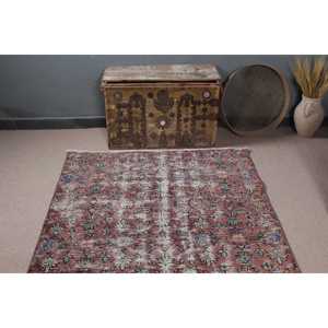 Vintage Rug, Area 4.3x7.9 ft Turkish Rug, <b>Red</b> Floral <b>Wool</b> Rug - Product Image 4