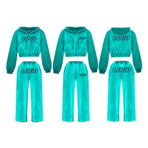 Invierno de las mujeres con estilo Hip Hop Streetwear Casual al aire libre recortada mujeres Sudadera con capucha acampanada Jogger Set con logotipo personalizado cuello con capucha - Product Image 6