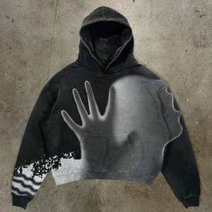 Sudadera con capucha para hombre de 500 g/m² de algodón 100% de alto gramaje, con lavado ácido, térmica para invierno, para fiestas, con apliques de pedrería y parches desgastados, corte holgado - Product Image 2