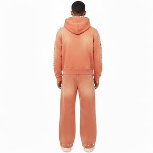 Conjuntos de pantalones de chándal con capucha de dos piezas para hombre, ropa de calle de invierno térmica lavada y descolorida personalizada directa de fábrica al por mayor - Product Image 2