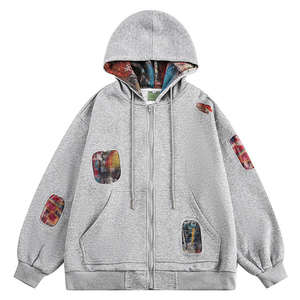 Patchwork Embroidered Streetwear Zip-Up Hooded <b>Sweatshirt</b> <b>Retro</b> Unisex Pullover Customized Oversized Hip-Hop Hoodies - Product Image 1