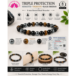 Bracelet de perles rondes certifié triple protection 8 mm - Hématite, Œil de tigre et Obsidienne noire pour la mise à la terre - Product Image 4
