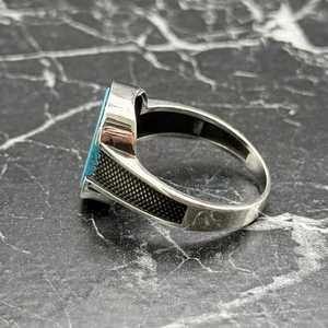 Handmade Mens <b>Turquoise</b> <b>Ring</b> Vintage Minimalist Sterling Silver Statement Jewelry Blue Stone Inlay 18K Perfect Gift for Him - Product Image 4