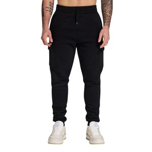 Pantalones de chándal Cargo colectivos de ajuste cónico negro para hombre con tela pesada, logotipo elevado, bolsillos con cremallera y ajuste cómodo - Product Image 2