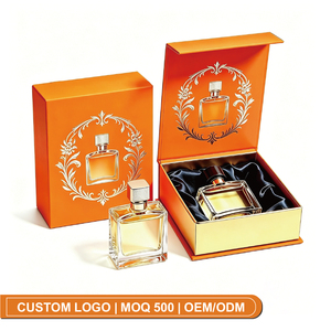 Caja de Regalo de Perfume Naranja de Lujo con Lazo Plateado, Cierre Magnético, Logotipo Personalizado, Estuche Rígido con Lámina Dorada para Fragancias de 100 ml - Product Image 1