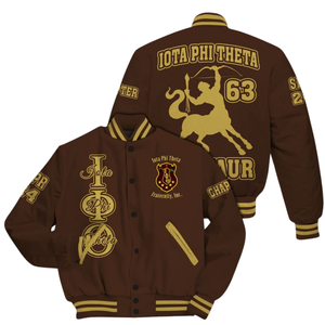 Iota Phi Theta 1963 Varsity Jacket Letterman Style Greek Life Brown Gold Fraternity Prendas de abrigo Premium Collegiate Apparel - Product Image 1