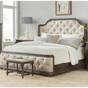 luxury bed classic hotel project with padded white natural fabric solid Mahogany wood King size - antique Wood Furniture