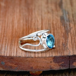 Bague Topaze Bleue En Argent Sterling 925 Ovale Coupe Pierre Double Bande Designer Pierre De Naissance Bague De Mariage Cadeau pour les Femmes - Product Image 4