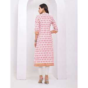 Kurti de Algodón con Estampado de Bloques en Rosa y Blanco, Ropa de Asia y las Islas del Pacífico - Product Image 6