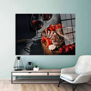 Modern Kitchen Food Art: Wine & Meat Canvas Print - Elegant Wall Decor,TEMPERED GLASS ART - Product Image 1