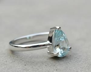 Bague de cocktail minimaliste pour femme en argent sterling S925 avec aquamarine naturelle taille poire, bijoux de fiançailles, de mariage et de fête - Product Image 2