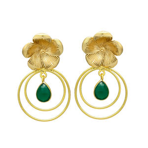 New Arrival Gold Plated Flower Head Drop Earring with Emerald Hydro Gemstone Brass Earrings - Product Image 1