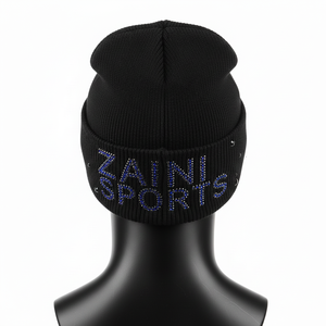 Bonnet pour homme en tissu côtelé premium 220 GSM, doux et chaud, noir, avec logo en strass thermocollé, bonnet jacquard - Product Image 2