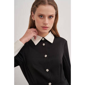 Robe droite élégante avec bordure noire, col rabattu, manches longues, coupe confortable - Product Image 2