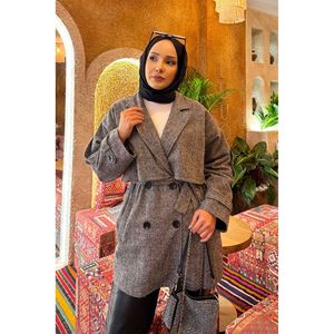 Manteau trench noir décontracté d'automne avec fermeture double boutonnage, doublure en coton et boutonnage court, doté d'une ceinture - Product Image 2