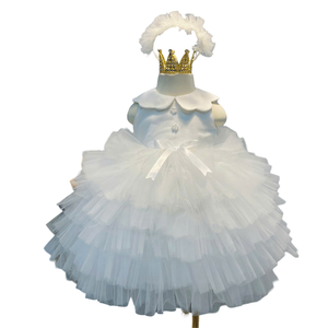 Robe tendance en tulle multicouche pour filles, style licou, manches courtes bouffantes, accessoires perles, pour mariages et occasions spéciales - Product Image 1