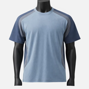 T-shirt en tricot pour homme, bleu, manches courtes, col rond, écologique, 100% coton, teint en fil, coupe ample, style sportif - Product Image 1