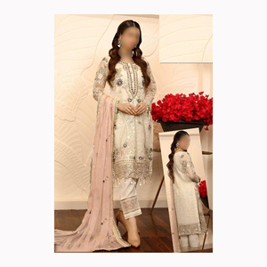 Salwar Kameez en soie Georgette brodée blanche élégante, réversible, avec dupatta rose, vêtements traditionnels indiens pakistanais pour femmes, pour mariage - Product Image 1