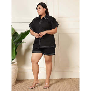 DEEBACO Women's Cotton Solid Plus Size Co-Ord Set Half Sleeves Shirt With <b>Thigh</b> Length Shorts Lace Western Wear 2 Piece Outfit - Product Image 4