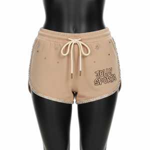 Shorts de sport pour femmes en coton et polaire GSM, couleur nude, avec panneau latéral en cristal, logo personnalisé brodé. - Product Image 6