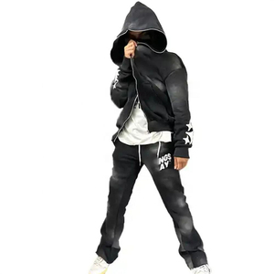 ชุดเซ็ตเสื้อฮู้ดดี้พิมพ์ลายพัฟฟ์สไตล์สตรีทแวร์ ลวดลายโลโก้แบบกำหนดเอง ล้างสีแบบ Acid Wash พร้อมกางเกงวอร์มทรงขาบานแบบซ้อนชั้น ชุดแทรคสูทแบบมีซิป - Product Image 2