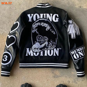 CVarsity Hommes Letterman Baseball Noir Laine Véritable Noir Manches En Cuir Veste Bleu Et noir Varsity Broderie Travail - Product Image 2