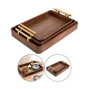 Ensemble de plateaux de service pour café et rafraîchissements en bois de noyer fait main avec finition polie et poignées en métal par Crescent Crafts - Product Image 1