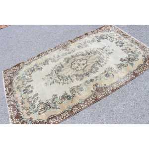 3.9x6.8 ft Area Turkish Vintage Rug, <b>Brown</b> Striped <b>Wool</b> Rug - Product Image 2