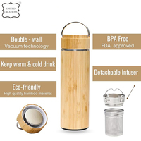 Tumbler bambu perjalanan baja tahan karat, dengan saringan teh 500ml ramah lingkungan dinding ganda terisolasi botol Stainless