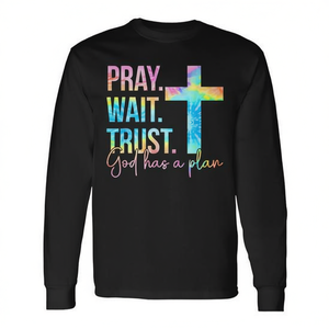Maglietta Religiosa a Maniche Lunghe con Stampa Tie Dye 'Preghiera, Pazienza, Fiducia in Dio', Abbigliamento Promozionale a Tema Fede - Product Image 2