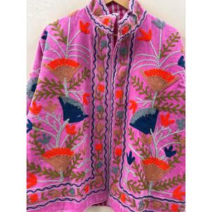 Orchid Pink Anaar Bloom Varsity Style Suzani Hand-Embroidered Velvet <b>Jacket</b> for Spring for Rust Sage & Indigo Florals Outerwear - Product Image 5