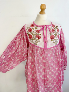 Vestido corto de algodón puro Túnica con estampado de bloques indios Top largo Colorido Verano Terroso Elegante Ropa de día cómoda - Product Image 6