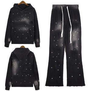 Survêtements à capuche unis pour hommes, effet délavé soleil, en molleton de coton 350 g/m², marque privée, 100 % coton, entièrement orné de strass - Product Image 1