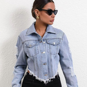 Chaqueta vaquera desgastada Premium de algodón 100%, chaqueta vaquera con capucha al por mayor con estilo, nueva chaqueta lavada personalizada para mujer - Product Image 1