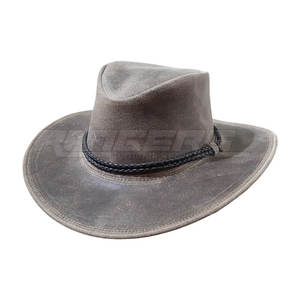 Chapeau de cow-boy à large bord en cuir rustique gris vieilli, ajustable, protection extérieure, vente en gros sous marque privée - Product Image 1