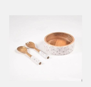 Bol de service en bois rond à prix direct usine avec ensemble de serveurs à salade et motif imprimé émaillé - Product Image 2