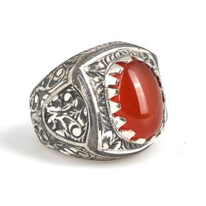 925 Sterling <b>Silver</b> Men's Ring with Orange Oval Agate Gemstone <b>Pen</b>-Style Bezel Setting Everyday Wear Fine Jewelry - Product Image 2