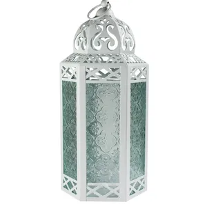 Linterna marroquí de metal con revestimiento blanco moderno elegante con vidrio para decoración de Ramadán, iluminación de Hotel para el hogar, linterna marroquí - Product Image 1