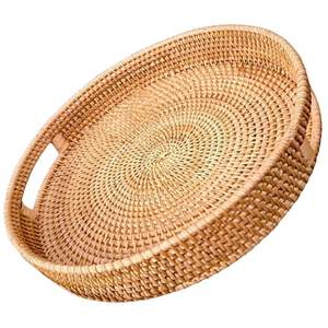 Bandeja de mimbre de bambú moderna hecha a mano con asa, bandeja redonda tejida de pared alta para servir alimentos, uso multiusos - Product Image 2