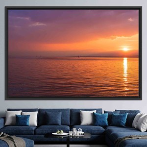 Obra de arte impresa en lienzo: decoración costera con vista al océano al atardecer, lienzo con marco negro - Product Image 1
