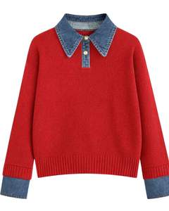 Customized <b>Women</b> <b>Red</b> Knit Sweater With Denim Collar Button Neck Long Sleeve Pullover Casual Winter Top Soft Acrylic Blend - Product Image 1